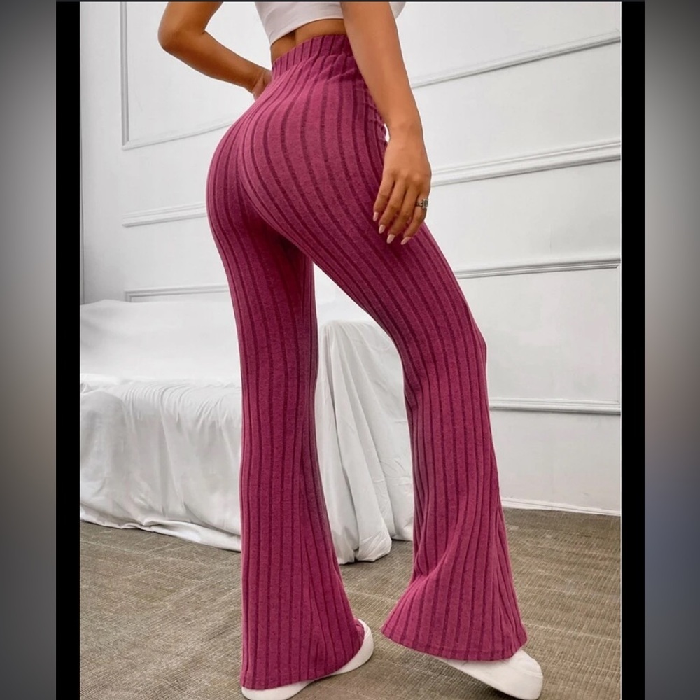 Ribbed Super Flare Bell Bottom Pants Barbie Pink stretch 70s Retro Boho 90s Y2K - Picture 2 of 5